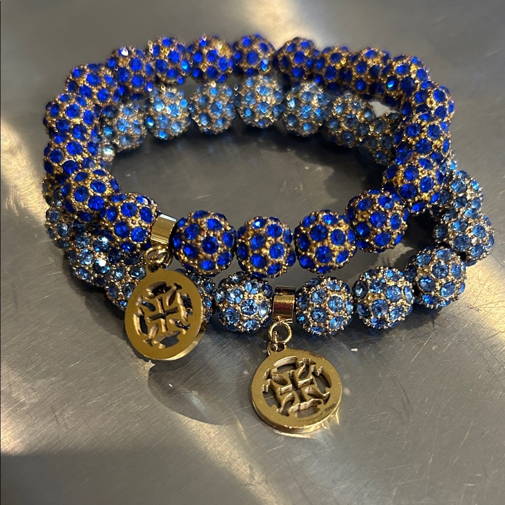 Rustic Cuff Blue and Gold Beaded Bracelet Set